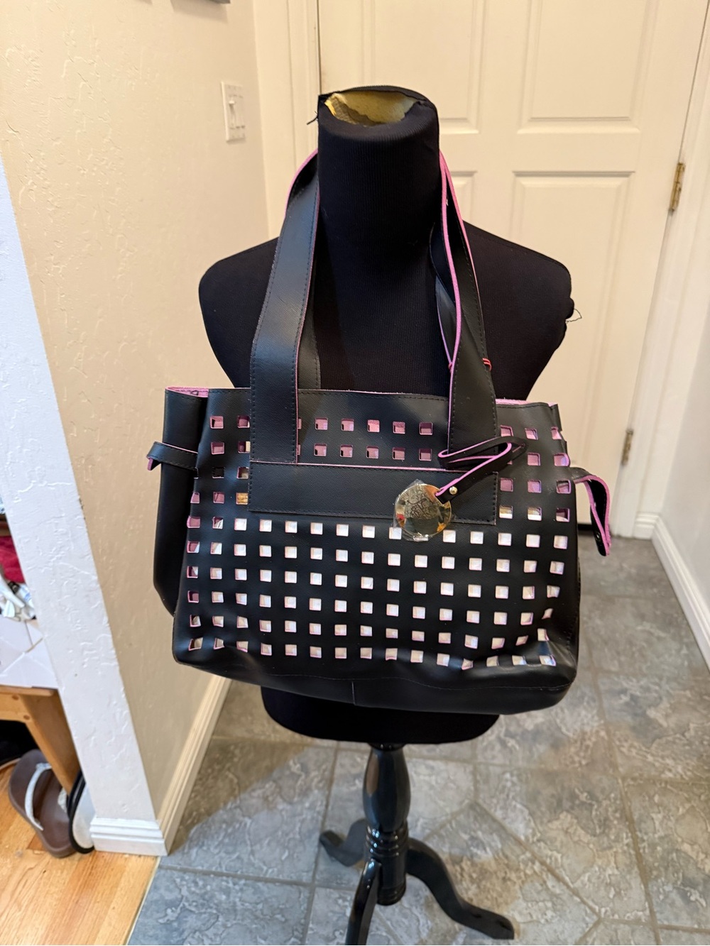 New from Italy Black and Pink Laser-Cut Tote Bag